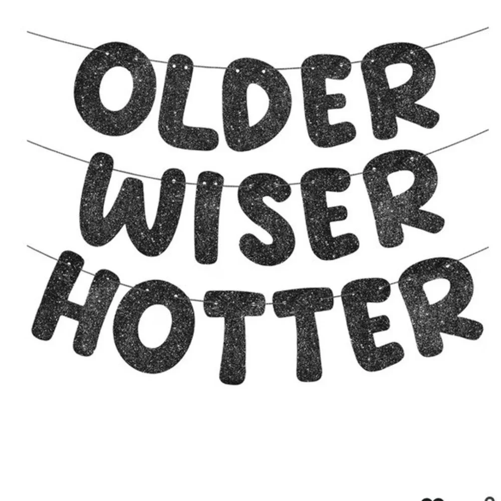 Older Wiser Hotter Black Glitter Birthday Banner Party Sign Decor